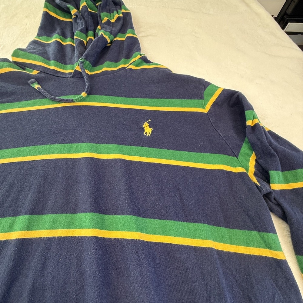 Polo Ralph Lauren Mens Large Hooded Shirt Navy Green Yellow Stripe Pony